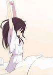  alternate_hairstyle armpit_peek arms_up bangs blanket blush brown_hair closed_eyes closed_mouth commentary eyebrows_visible_through_hair from_side hair_down hakurei_reimu juban leon_(mikiri_hassha) long_hair own_hands_together profile sidelocks sleepwear solo stretch tears touhou trembling waking_up 