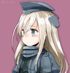  blonde_hair blue_eyes blush commentary_request garrison_cap hat kantai_collection long_hair looking_away purple_background solo suka twitter_username u-511_(kantai_collection) upper_body 