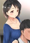  1girl black_hair blush breasts cleavage collarbone commentary_request formal hair_ornament hairclip idolmaster idolmaster_cinderella_girls medium_breasts older open_mouth producer_(idolmaster) red_eyes sasaki_chie sg_(esujii) short_hair sketch smile suit sweat 