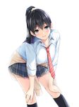  black_hair blue_eyes breasts clothes_around_waist commentary hair_ornament hair_scrunchie hands_on_own_knees highres large_breasts leaning_forward long_hair nayuta69 necktie original school_uniform scrunchie smile solo white_background 