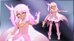  &gt;:) 3d ascot bare_shoulders boots cape chloe_von_einzbern commentary_request cosplay cross dark_skin earrings elbow_gloves eyebrows_visible_through_hair fate/kaleid_liner_prisma_illya fate_(series) feathers gloves gs-mantis hair_between_eyes hair_feathers highres holding holding_wand jewelry kaleidostick long_hair looking_at_viewer magical_girl magical_ruby multiple_views outstretched_arm pink_footwear pink_hair prisma_illya prisma_illya_(cosplay) side_ponytail smile smirk thigh_boots thighhighs v-shaped_eyebrows wand yellow_eyes zettai_ryouiki 