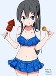  2017 :q artist_name bangs bare_arms bare_shoulders bikini bikini_skirt black_hair blue_background blue_bikini blue_eyes blush breasts cleavage collarbone copyright_name cowboy_shot dated floral_print food guitar_print hair_ornament hairclip hibiscus_print high_ponytail holding holding_food ikayaki long_hair medium_breasts navel original pinky_out ponytail print_bikini ragho_no_erika sidelocks simple_background solo squid sukurizo! swimsuit takoyaki tongue tongue_out tsubakiyama_sou v-shaped_eyebrows 