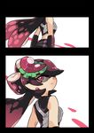  alternate_costume aori_(splatoon) armor bare_shoulders comic cosplay domino_mask earrings elbow_gloves gloves hair_ornament highres jewelry looking_at_viewer looking_back mask midriff mole mole_under_eye parted_lips pointy_ears sleeveless splatoon_(series) splatoon_2 symbol-shaped_pupils takozonesu takozonesu_(cosplay) tentacle_hair textless vest wong_ying_chee 