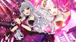  :d bare_shoulders black_gloves blush breasts dress gloves glowstick hairband highres idolmaster idolmaster_(classic) idolmaster_million_live! large_breasts long_hair microphone open_mouth purple_eyes shijou_takane silver_hair single_glove smile solo tuxedo_de_cat 