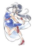  :d bare_arms bare_legs black_eyes black_hair chi-chi_(dragon_ball) chinese_clothes dragon_ball dragon_ball_(classic) eyebrows_visible_through_hair full_body high_heels leg_up long_hair looking_at_viewer looking_back open_mouth outstretched_arms ponytail simple_background smile solo tkgsize white_background wristband 