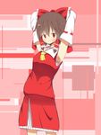  absurdres akabeco arms_behind_head arms_up blush bow brown_hair closed_mouth cookie_(touhou) detached_sleeves eyebrows_visible_through_hair hair_bow hair_tubes hakurei_reimu highres looking_at_viewer red_bow red_eyes reu short_hair smile solo touhou 