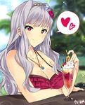  absurdres blush breasts cleavage drink flower hair_flower hair_ornament highres idolmaster idolmaster_(classic) idolmaster_million_live! idolmaster_million_live!_theater_days jewelry large_breasts long_hair looking_at_viewer necklace purple_eyes shijou_takane silver_hair smile solo tuxedo_de_cat 
