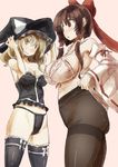  ass bare_shoulders black_legwear blonde_hair blush bow breasts brown_eyes brown_hair corset detached_sleeves fundoshi fundoshi_under_pantyhose hair_bow hair_tubes hakurei_reimu hat japanese_clothes kirisame_marisa large_breasts long_hair medium_breasts multiple_girls open_mouth pantyhose short_hair_with_long_locks sidelocks smile thighband_pantyhose thighhighs touhou wide_sleeves witch_hat yellow_eyes yohane 