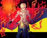  ankai_(rappelzankai) armor blonde_hair ea_(fate/stay_night) earrings fate/hollow_ataraxia fate_(series) gilgamesh jewelry male_focus necklace red red_eyes shirtless solo sword tattoo weapon yellow 