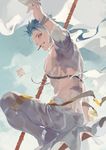  blue_hair bracelet cigarette earrings fate/grand_order fate/stay_night fate_(series) from_behind gae_bolg jewelry lancer male_focus mouth_hold necklace polearm ponytail red_eyes rei_(sanbonzakura) ribbon shirtless solo spear weapon 