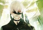  bird black_gloves blindfold choker cityscape gloves katagawa_mika male_focus nier_(series) nier_automata solo white_hair yorha_no._9_type_s 