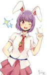  alternate_hair_length alternate_hairstyle animal_ears bunny_ears carrot chinako1075 commentary_request highres necktie one_eye_closed red_eyes reisen_udongein_inaba short_hair signature skirt solo tie_clip touhou 