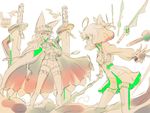  battle bow cape commentary_request dress duel floating_swords freckles frown green_eyes guilty_gear guilty_gear_xrd hair_bow han_megumi hat iesupa multiple_girls penny_polendina ramlethal_valentine rwby seiyuu_connection short_hair shorts smile thigh_strap thighhighs yellow_eyes 
