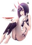  :d ass bare_shoulders barefoot breasts cup fate/grand_order fate_(series) horns limeblock looking_at_viewer oni oni_horns open_mouth purple_eyes purple_hair revealing_clothes sakazuki short_hair shuten_douji_(fate/grand_order) simple_background small_breasts smile solo teeth white_background 