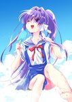  barefoot clannad cloud food fujibayashi_kyou hair_ribbon hikarizaka_private_high_school_uniform long_hair looking_up neck_ribbon one_eye_closed ponytail popsicle purple_eyes purple_hair red_ribbon ribbon sailor_collar satomi_yoshitaka school_uniform serafuku sitting sky solo white_ribbon white_sailor_collar 