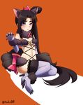  animal_ears bare_shoulders black_hair blue_eyes blush breasts cosplay dangerous_beast elbow_gloves fate/grand_order fate_(series) gloves high_heels highres long_hair mash_kyrielight mash_kyrielight_(cosplay) navel purple_gloves purple_legwear shimomoto sitting small_breasts solo sweatdrop tail thighhighs ushiwakamaru_(fate/grand_order) very_long_hair wolf_ears wolf_tail 