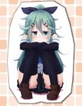  absurdres black_legwear blue_hair detached_sleeves green_eyes hair_ornament hair_ribbon hairclip highres kantai_collection long_hair rain_yadori ribbon sitting solo thighhighs thighs very_long_hair yamakaze_(kantai_collection) 