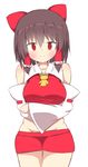  absurdres akabeco bare_shoulders blush bow breasts brown_hair closed_mouth cookie_(touhou) detached_sleeves eyebrows_visible_through_hair hair_bow hair_tubes hakurei_reimu highres large_breasts looking_at_viewer red_bow red_eyes reu short_hair smile solo touhou 