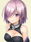  breasts cleavage collarbone fate/grand_order fate_(series) green_background hair_over_one_eye highres mash_kyrielight medium_breasts pink_hair purple_eyes shinno shiny shiny_clothes short_hair simple_background smile solo upper_body white_background 