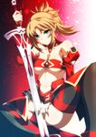  black_legwear blonde_hair breasts clarent commentary_request detached_collar detached_sleeves fate/apocrypha fate_(series) green_eyes highres holding holding_weapon ka2 looking_at_viewer medium_breasts mordred_(fate) mordred_(fate)_(all) ponytail smile solo sword thighhighs underboob weapon 