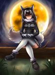  animal_ears between_breasts black_hair blue_eyes breasts crossed_legs fang_out full_moon fur_collar gloves grey_wolf_(kemono_friends) heterochromia highres in_tree kemono_friends large_breasts long_hair long_sleeves looking_at_viewer moon multicolored_hair necktie necktie_between_breasts shaded_face sitting sitting_in_tree skirt solo tail tree two-tone_hair uranium22 wolf_ears wolf_tail yellow_eyes 