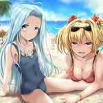  ahoge ashfair beach bikini blonde_hair blue_eyes blue_hair blue_swimsuit breasts brooch cleavage day draph eyewear_on_head fate/grand_order fate_(series) flower fujimaru_ritsuka_(female) granblue_fantasy hair_flower hair_ornament highres horns jewelry large_breasts long_hair looking_at_viewer lying lyria_(granblue_fantasy) mash_kyrielight multiple_girls narmaya_(granblue_fantasy) on_stomach one-piece_swimsuit outdoors red_bikini sand scathach_(fate)_(all) scathach_(swimsuit_assassin)_(fate) school_swimsuit sitting smile sunglasses swimsuit swimsuit_of_perpetual_summer twintails waving_arms zeta_(granblue_fantasy) 