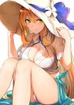 bare_legs bikini blue_bow bow breasts brown_hair cleavage collared_shirt flower girls_frontline green_eyes hair_between_eyes hat hat_bow hat_flower hat_tug large_breasts light_smile long_hair looking_at_viewer luse_maonang m1903_springfield_(girls_frontline) o-ring o-ring_bikini o-ring_top sarong see-through shirt short_sleeves simple_background sitting solo sun_hat swimsuit very_long_hair white_background white_bikini white_flower white_hat white_shirt wing_collar 