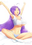  artist_name awake breasts closed_eyes covered_nipples highres kainkout large_breasts long_hair navel open_mouth original panties purple_hair signature simple_background socks solo underwear very_long_hair white_background 