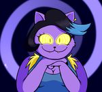  2016 anthro black_hair black_nose breasts cat catty_(undertale) claws cleavage clothed clothing dr._chaos ear_piercing fangs feline female fur glowing glowing_eyes hair hypnosis looking_at_viewer mammal mind_control multicolored_hair overalls piercing purple_fur simple_background smile solo two_tone_hair undertale video_games 
