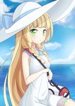  1girl bag bare_shoulders blonde_hair blue_background blue_bow blush bow braid breasts cloud collarbone dress eyebrows_visible_through_hair green_eyes hat hat_bow lillie_(pokemon) long_hair looking_at_viewer ocean outdoors pokemon pokemon_(game) pokemon_sm sitting sky sleeveless sleeveless_dress small_breasts solo sun_hat twin_braids unel1211 water white_dress white_hat 
