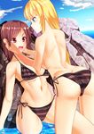  ass bikini black_bikini blonde_hair blue_eyes blue_sky breasts brown_eyes closed_mouth cloud cowboy_shot day eye_contact hands_on_another's_face highres kazama_asuka lili_(tekken) looking_at_another md5_mismatch medium_breasts multiple_girls navel nishisan_(mikurosu) open_mouth outdoors partially_submerged red_eyes rock short_hair side-tie_bikini sky striped striped_bikini swimsuit tekken topless water yuri 
