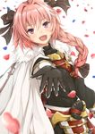  :d androgynous astolfo_(fate) black_bow bow braid cape fang fate/apocrypha fate_(series) hair_ribbon highres hoshimiya_mashiro long_hair male_focus multicolored_hair open_mouth otoko_no_ko petals pink_hair purple_eyes ribbon single_braid smile solo streaked_hair 