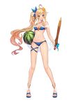  bare_shoulders bikini blue_bikini breasts cleavage collarbone eyebrows_visible_through_hair flower food fruit full_body hair_flower hair_ornament holding long_hair looking_at_viewer medium_breasts navel official_art open_toe_shoes shoes side_ponytail simple_background smile solo standing swimsuit sword tenshi_mikadokuni thigh_strap very_long_hair watermelon weapon white_background wooden_sword 