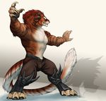  anthro blackchaos666 charr claws clothing fangs feline female flat_chested fluffy fluffy_tail fur guild_wars hi_res horn mammal mane multi_ear orange_fur simple_background solo video_games white_fur yellow_eyes 