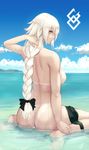  ass back_tattoo bikini_tan blush bow braid breasts cloud command_spell commentary_request day fate/grand_order fate_(series) from_behind hair_bow hand_in_hair hayabusa highres jeanne_d'arc_(alter)_(fate) jeanne_d'arc_(fate)_(all) large_breasts long_hair looking_at_viewer looking_back nude ocean outdoors partially_submerged sideboob silver_hair single_braid sitting solo tan tanline tattoo very_long_hair wariza water wet yellow_eyes 