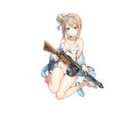  anmi bare_legs barefoot bikini blue_eyes breasts cleavage frilled_bikini frills full_body girls_frontline gun hairband jacket light_brown_hair looking_at_viewer medium_breasts off_shoulder official_art one_side_up open_clothes open_jacket open_mouth sandals short_hair side_bun single_sandal sitting sling solo submachine_gun suomi_kp/-31 suomi_kp31_(girls_frontline) swimsuit transparent_background wariza weapon white_bikini 