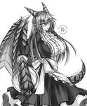  alternate_costume apron blush breasts dragon dragon_(monster_girl_encyclopedia) dragon_girl enmaided frills greyscale highres horns large_breasts long_hair looking_at_viewer maid maid_apron monochrome monster_girl monster_girl_encyclopedia open_mouth sanmotogoroo scales skirt solo tail wings 