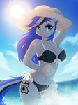  anthro bikini blue_eyes blue_hair breasts clothing day equine eyelashes fan_character female hair mammal midriff my_little_pony navel outside sea silentwulv sky smile solo standing swimsuit water wide_hips 