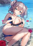  areolae bangs beach bikini blue_bikini blue_eyes breasts cleavage closed_mouth day eyebrows_visible_through_hair finger_to_mouth flower frilled_bikini_top frills grey_hair haruno_suzune kantai_collection kashima_(kantai_collection) large_breasts long_hair looking_at_viewer lying nipple_slip nipples ocean on_side parted_lips shadow shushing silver_hair solo swimsuit swimsuit_pull twintails wavy_hair 