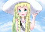  1girl arm_behind_back bare_shoulders blonde_hair blue_background blush braid cloud green_eyes hand_up hat lillie_(pokemon) long_hair looking_at_viewer open_mouth pokemon pokemon_(game) pokemon_sm riwa sky smile solo strapless sun_hat teeth twin_braids white_hat 