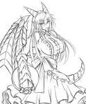  alternate_costume apron blush breasts dragon dragon_(monster_girl_encyclopedia) dragon_girl enmaided frills greyscale highres horns large_breasts long_hair looking_at_viewer maid maid_apron monochrome monster_girl monster_girl_encyclopedia open_mouth sanmotogoroo scales sketch skirt solo tail wings 