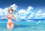  :d animal_ears arukiru ass_visible_through_thighs bangs bikini blue_sky breasts cat_ears cat_tail cleavage cloud cloudy_sky day eyebrows_visible_through_hair front-tie_bikini front-tie_top highres horizon large_breasts long_hair looking_at_viewer navel open_mouth orange_bikini original outdoors outstretched_arms ponytail side-tie_bikini silver_hair sky smile solo swimsuit tail thigh_gap wading wet yellow_eyes 