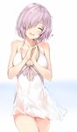  :d ^_^ breasts casual_one-piece_swimsuit cleavage closed_eyes cowboy_shot facing_viewer fate/grand_order fate_(series) hair_over_one_eye halterneck heart highres large_breasts mash_kyrielight one-piece_swimsuit open_mouth own_hands_together purple_hair round_teeth short_hair silver_(chenwen) simple_background smile solo swimsuit swimsuit_of_perpetual_summer teeth white_swimsuit 