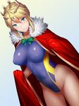  artoria_pendragon_(all) artoria_pendragon_(lancer) blonde_hair blue_swimsuit bow braid breasts cape closed_mouth commentary_request competition_swimsuit covered_navel covered_nipples crown dutch_angle eyebrows_visible_through_hair fate/grand_order fate_(series) feather_trim fur_trim gradient gradient_background green_eyes hair_between_eyes highleg highleg_swimsuit kageshio_(276006) large_breasts looking_at_viewer navel one-piece_swimsuit red_cape shiny shiny_clothes short_hair smile solo standing swimsuit twitter_username 