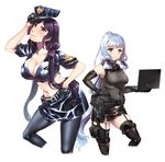  alternate_costume blue_eyes blue_hair boots computer female_admiral_(kantai_collection) garter_straps gloves gun hiememiko highres kantai_collection laptop multiple_girls murakumo_(kantai_collection) police police_uniform policewoman purple_eyes purple_hair skirt thighhighs uniform weapon 