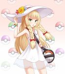  1girl adjusting_clothes arm_up bag bare_shoulders blonde_hair blue_flower blush bow braid collarbone dress flower gradient gradient_background green_eyes hair_bow hand_up hat hat_bow hat_flower highres lillie_(pokemon) long_hair looking_at_viewer naojiang_tangyuan open_mouth pink_background pokeball pokemon pokemon_(game) pokemon_sm red_bow see-through simple_background sleeveless sleeveless_dress solo standing sun_hat twin_braids white_background white_dress white_hat wristband yellow_flower 