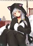  animal_costume animal_ears anna_(sennen_sensou_aigis) bed blush cat_costume cat_ears cat_tail collar hood kyougoku_touya long_hair red_eyes sennen_sensou_aigis silver_hair sitting solo tail 