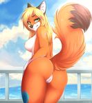  2016 alternate_version_available anthro anus big_butt black_nose blonde_hair breasts butt canine chloe-dog day eyelashes female fluffy fluffy_tail fox fur green_eyes hair hand_on_hip hi_res inner_ear_fluff looking_at_viewer looking_back mammal nipples nude orange_fur outside pink_nipples presenting presenting_hindquarters pussy raised_tail rear_view sabrena_valiche smile solo standing thick_thighs water wide_hips 