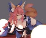  animal_ears caster_(fate/extra) cleavage fate/grand_order japanese_clothes kitsune no_bra open_shirt tail thighhighs youko_(930921) 