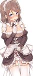  1girl apron artist_request blue_eyes blush brown_hair cameltoe dress dress_lift frilled_apron frills garter_straps gloves lifted_by_self maid maid_headdress panties short_hair simple_background solo thighhighs underwear waist_apron white_background white_gloves white_legwear white_panties 